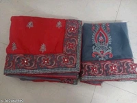 Super Net Red Lace Border Saree With Blouse - Red, FREE DELIVERY