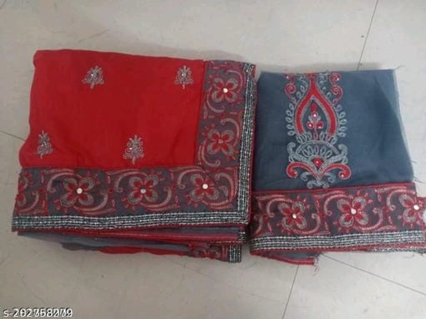 Super Net Red Lace Border Saree With Blouse - Red, FREE DELIVERY