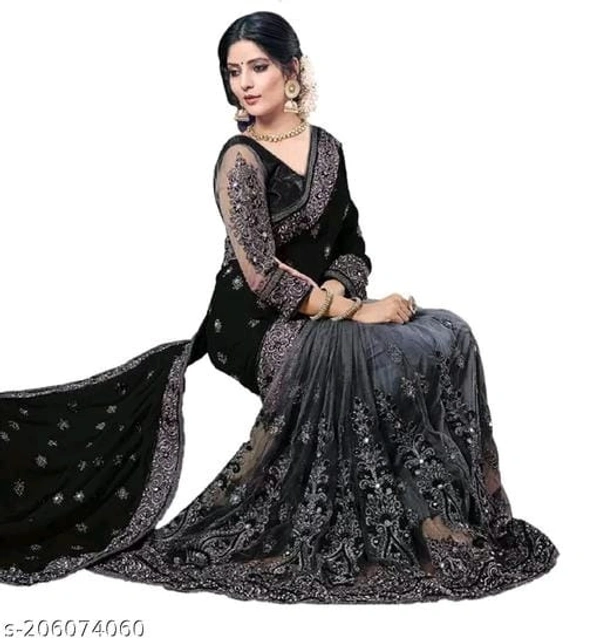 Super Net Black Lace Border Saree With Blouse - Black, FREE DELIVERY
