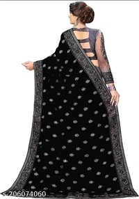 Super Net Black Lace Border Saree With Blouse - Black, FREE DELIVERY