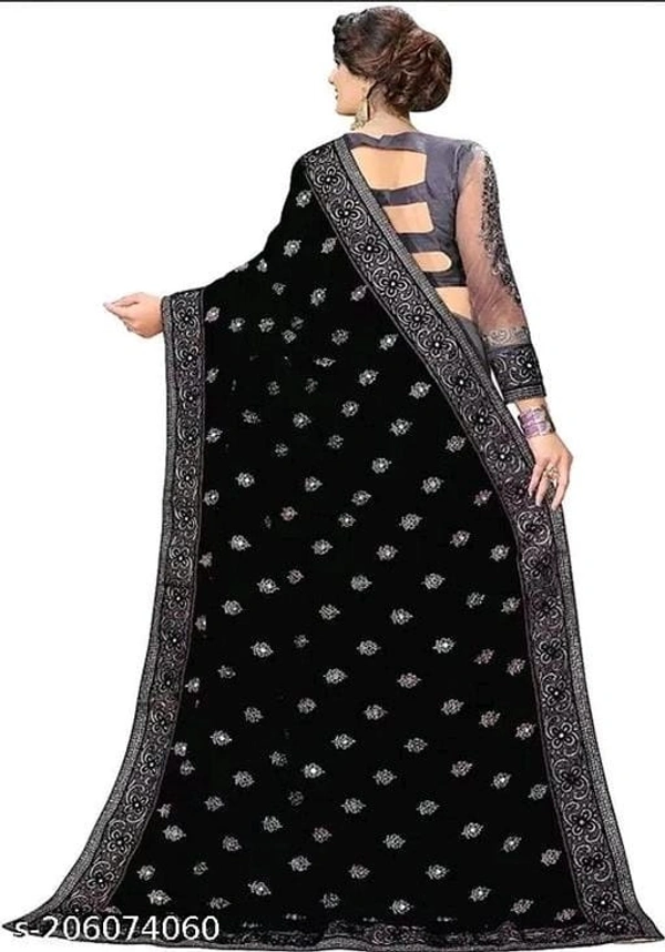 Super Net Black Lace Border Saree With Blouse - Black, FREE DELIVERY