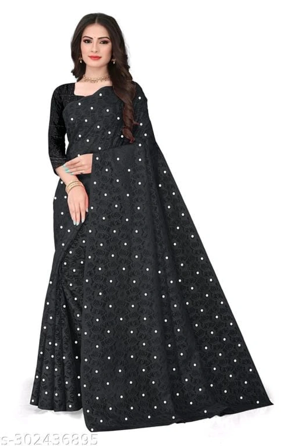 Brasso Net Jecquarted Flower Moti - Black, FREE DELIVERY