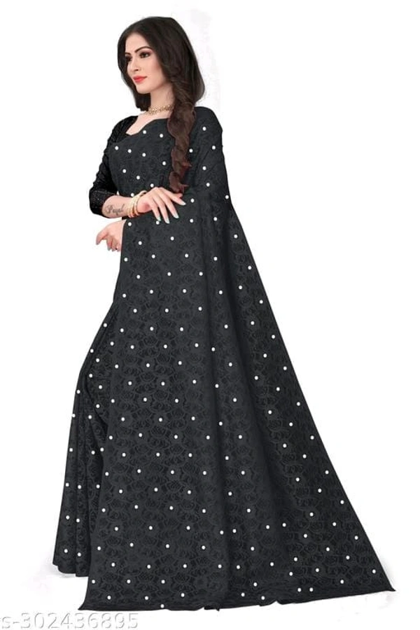 Brasso Net Jecquarted Flower Moti - Black, FREE DELIVERY