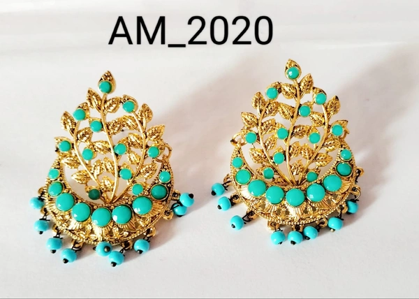 HR COSMETIC FASHION FA BLUE COLOUR MOTIE WORK EARRING SET  - EARRING, GOLDEN, BLUE