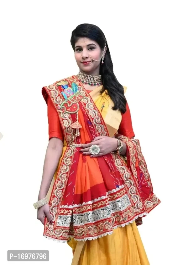 Rajazariwala Ranisatiya Marwadi Jaipuriya Bandhej Printed Patchwork Broch Plated Duppta In Pure Georget Fabric Chunri , Piliya Pomcha (AM) (Piliya (RED-Orange))