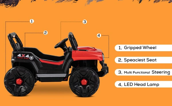 Stc Raminator Rechargeable Battery-Operated Ride on Electric Car for Kids |Baby Kids Car Jeep with Foot Accelerator & Music| Battery Operated Big Car for Kids to Drive 2 to 6 Years Boys Girl - L 110 * W 75 * H 65 cm, Red