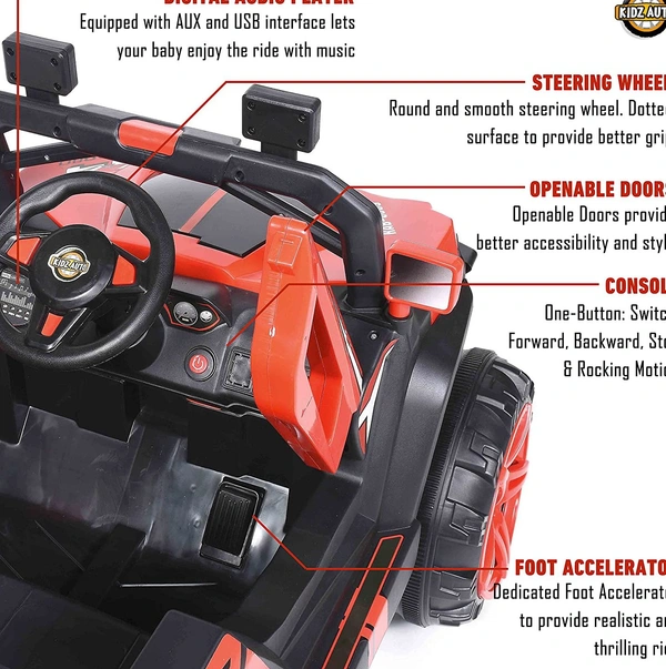 Kidz Auto KAB J909 Jeep (4 Wheel drive ) , Battery-Operated,Remote Control Ride-On with Foot Accelerator,Seat Belt,MP3/USB Port,Spring Suspension,Openable Doors,Spare Wheel Electric Vehicle for Kids - Red