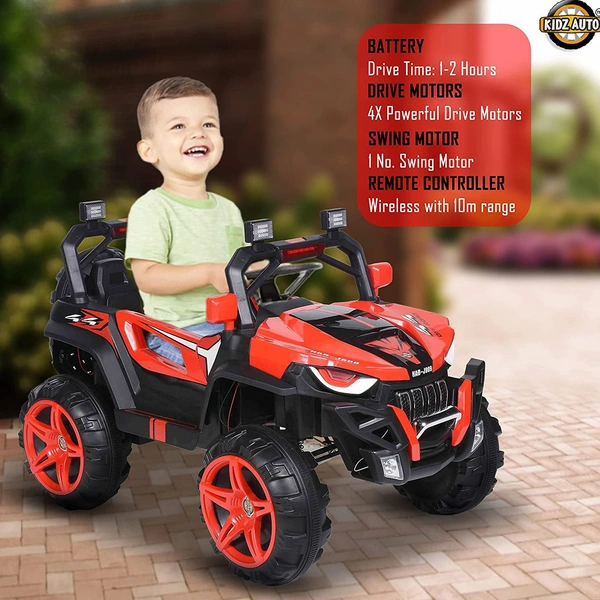 Kidz Auto KAB J909 Jeep (4 Wheel drive ) , Battery-Operated,Remote Control Ride-On with Foot Accelerator,Seat Belt,MP3/USB Port,Spring Suspension,Openable Doors,Spare Wheel Electric Vehicle for Kids - Red