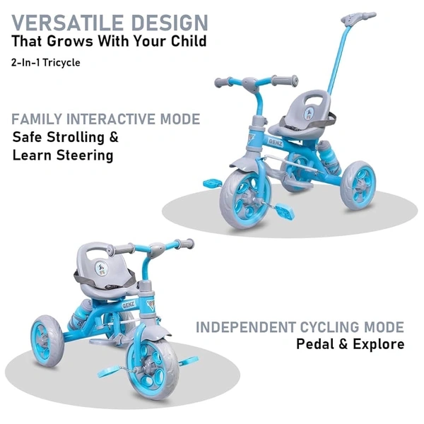 Dash GenZ Secure Baby Tricycle with Seat Belt, Water Bottle, Parent-Push Handle| Kids Tricycle