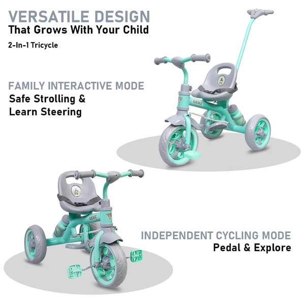 Dash GenZ Secure Baby Tricycle with Seat Belt, Water Bottle, Parent-Push Handle| Kids Tricycle