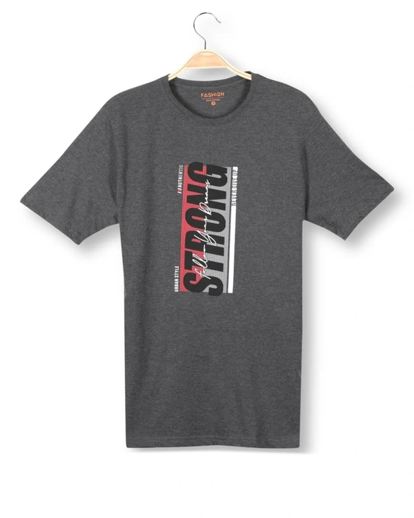 Cotton Rich Round Neck Graphic Print T-Shirt For Mens - STRONG - XL, Anthra Melange