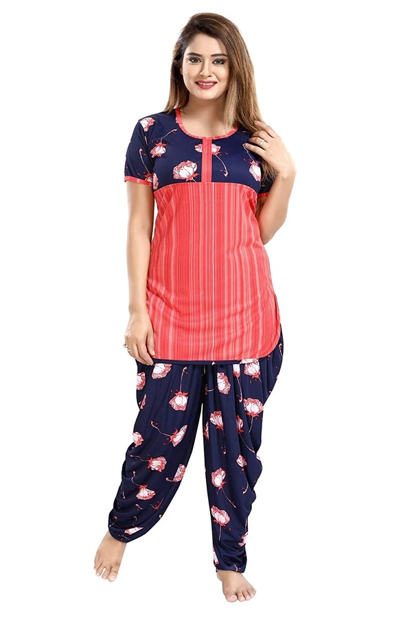 Top and Dhoti Style Bottom Night Suit/Nighty/Nightdress/Night Gown for Women and Girls  - L, Red
