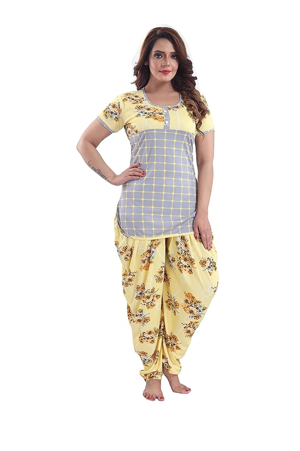 Top and Dhoti Style Bottom Night Suit/Nighty/Nightdress/Night Gown for Women and Girls - XXL, Yellow