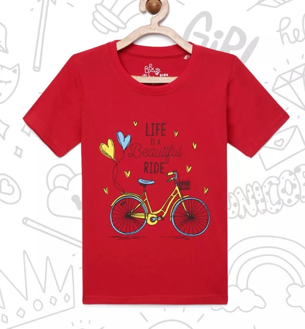 100% Cotton Half Sleeves Graphic Print T-Shirts For Girls-LIFE IS A BEAUTIFUL RIDE - 9-10 Years(32), Red
