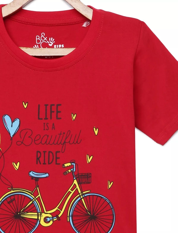 100% Cotton Half Sleeves Graphic Print T-Shirts For Girls-LIFE IS A BEAUTIFUL RIDE - 9-10 Years(32), Red