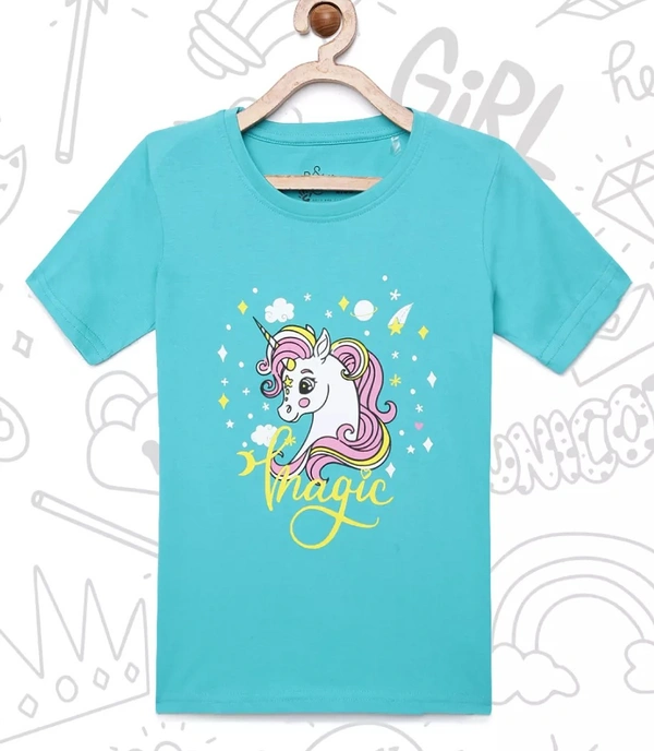 100% Cotton Half Sleeves Graphic Print T-Shirts For Girls-MAGIC - 9-10 Years(32), Turq