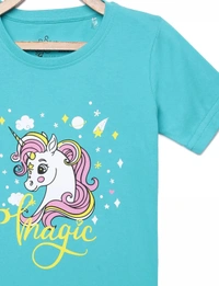 100% Cotton Half Sleeves Graphic Print T-Shirts For Girls-MAGIC - 9-10 Years(32), Turq