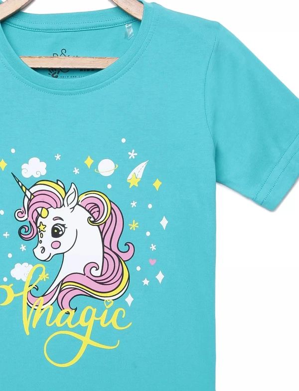 100% Cotton Half Sleeves Graphic Print T-Shirts For Girls-MAGIC - 9-10 Years(32), Turq