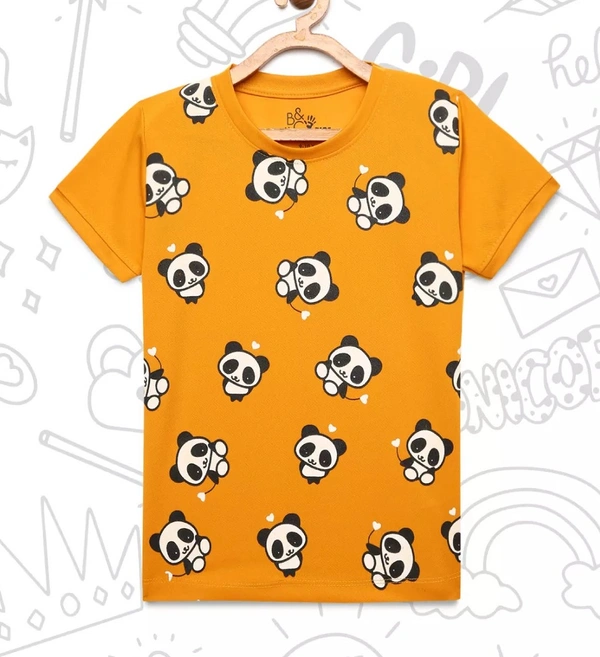 Polyester Half Sleeves Animal Print Round Neck T-Shirts For Girls - 9-10 Years(32), Mustard