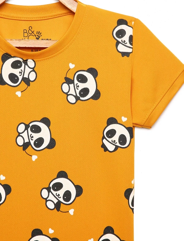 Polyester Half Sleeves Animal Print Round Neck T-Shirts For Girls - 9-10 Years(32), Mustard