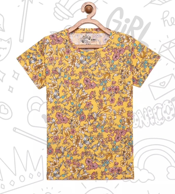 Cotton Half Sleeves Floral Print T-Shirts For Girls-3-12 Years - 11-12 Years(34), Mustard