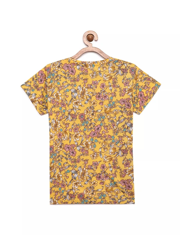 Cotton Half Sleeves Floral Print T-Shirts For Girls-3-12 Years - 11-12 Years(34), Mustard
