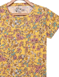 Cotton Half Sleeves Floral Print T-Shirts For Girls-3-12 Years - 11-12 Years(34), Mustard