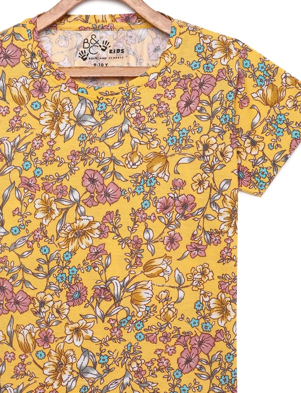 Cotton Half Sleeves Floral Print T-Shirts For Girls-3-12 Years - 11-12 Years(34), Mustard