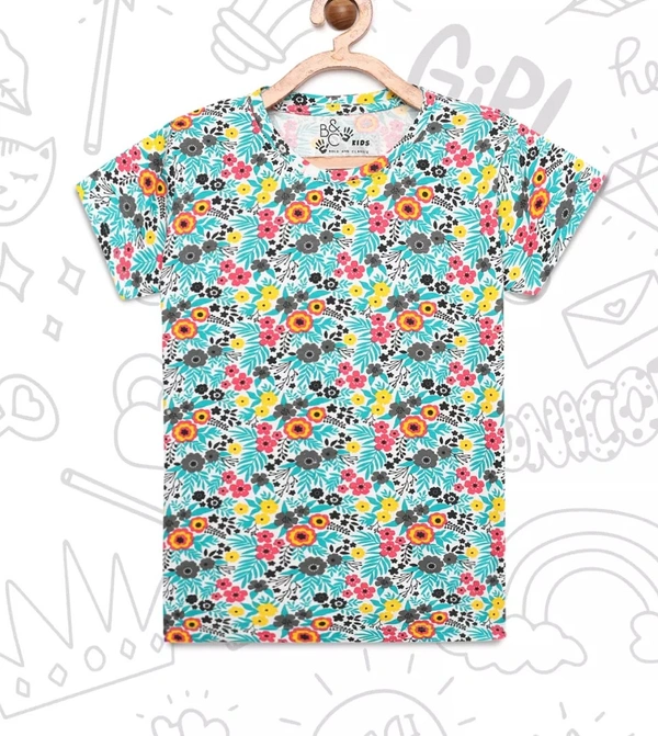 Cotton Half Sleeves Floral Print T-Shirts For Girls-3-12 Years - 3-4 Years(22), Blue