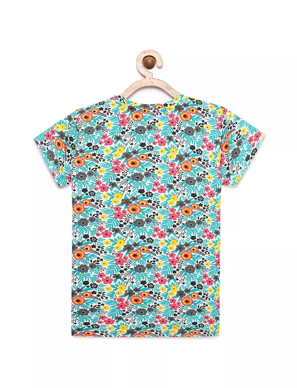 Cotton Half Sleeves Floral Print T-Shirts For Girls-3-12 Years - 3-4 Years(22), Blue