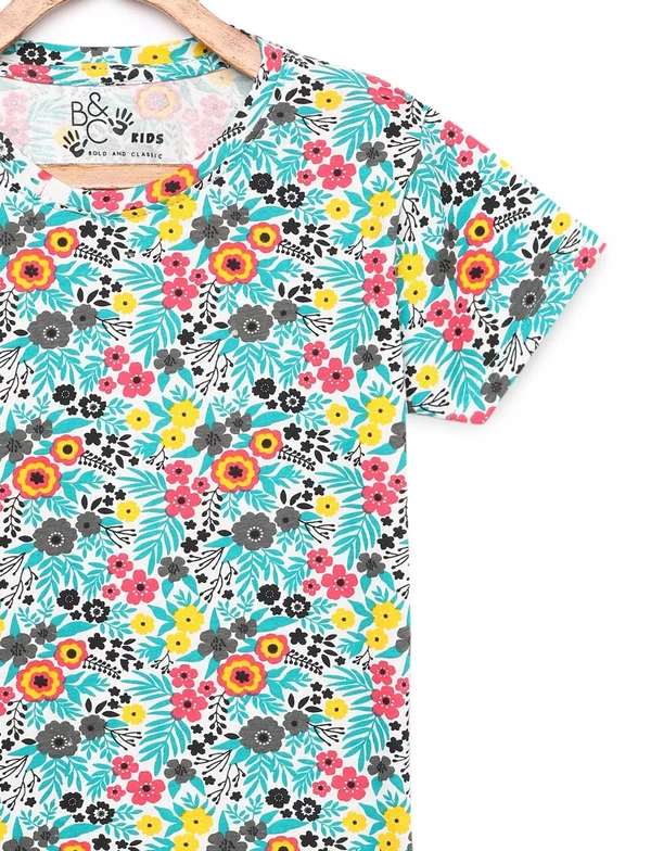 Cotton Half Sleeves Floral Print T-Shirts For Girls-3-12 Years - 3-4 Years(22), Blue