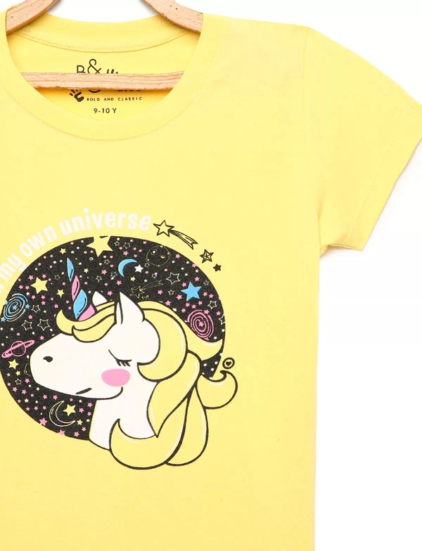 Classic Cotton Half Sleeves Graphic Print T-Shirts For Girls-I Live In My Own Universe - 11-12 Years(34), Light Yellow