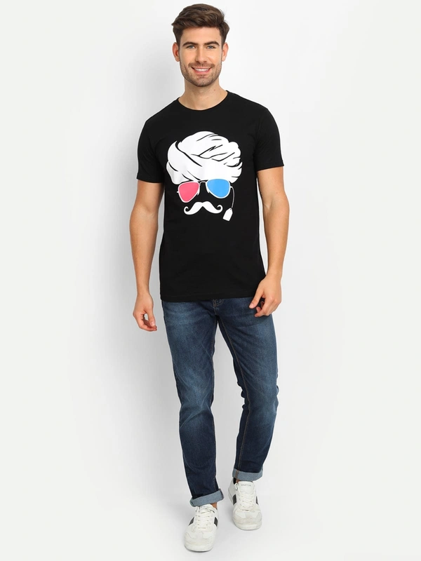 Cotton Round Neck Graphic Print T-Shirt for Men-Moustache - L, Black