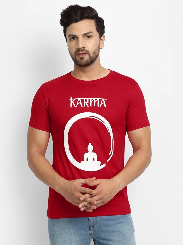 Cotton Half Sleeves Graphic Print T-Shirt for Mens-Karma - L, Red