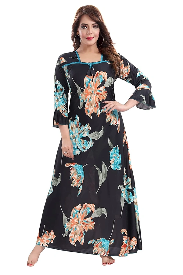 Sarina Square Neck Floral Beautiful Print Full-Flare 3/4 Sleeve Night Gown Nighty/ Night Gown/Nightwear-SKY BLUE - 2XL, Blue