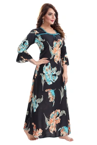 Sarina Square Neck Floral Beautiful Print Full-Flare 3/4 Sleeve Night Gown Nighty/ Night Gown/Nightwear-SKY BLUE - 2XL, Blue