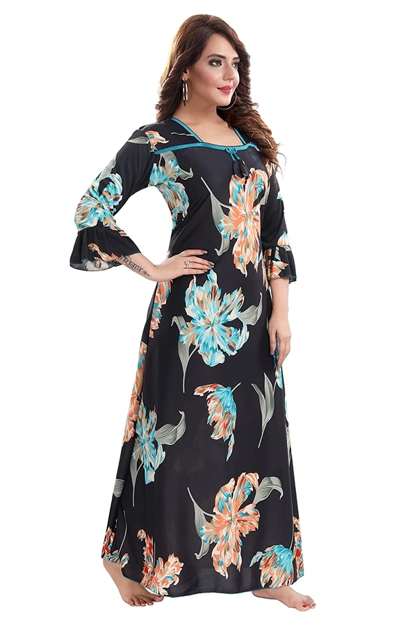 Sarina Square Neck Floral Beautiful Print Full-Flare 3/4 Sleeve Night Gown Nighty/ Night Gown/Nightwear-SKY BLUE - 2XL, Blue