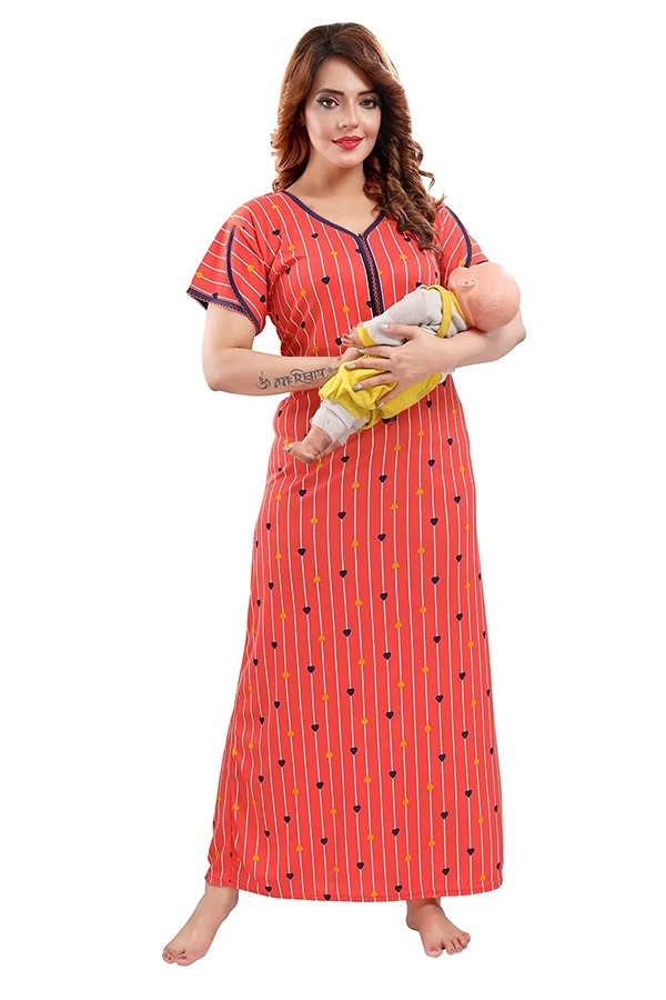 Sarina V Neck Floral Print Nighty / Nightgown With 13" Long Zip Multipurpose Feeding/ Maternity/Nursing Nighty - 2XL, Orange