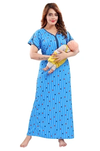 Sarina V Neck Floral Print Nighty / Nightgown With 13" Long Zip Multipurpose Feeding/ Maternity/Nursing Nighty - XL, Blue