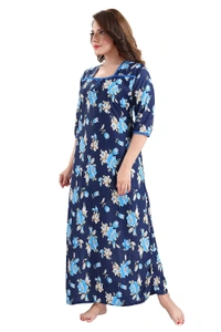 Sarina Square Neck Floral Girl's Print Soft And Silky Full Length Nighty I Nightdress I Nightwear - XL, Navy Blue