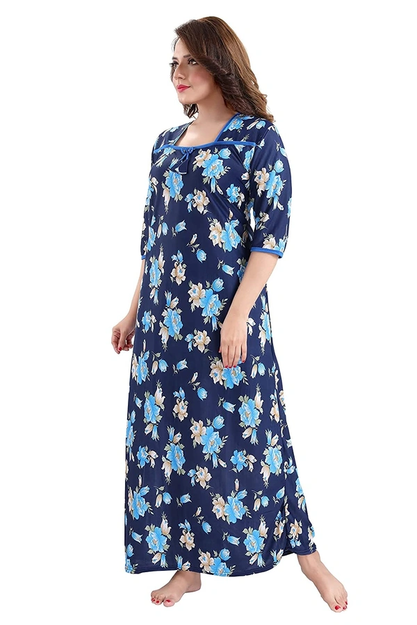 Sarina Square Neck Floral Girl's Print Soft And Silky Full Length Nighty I Nightdress I Nightwear - XL, Navy Blue