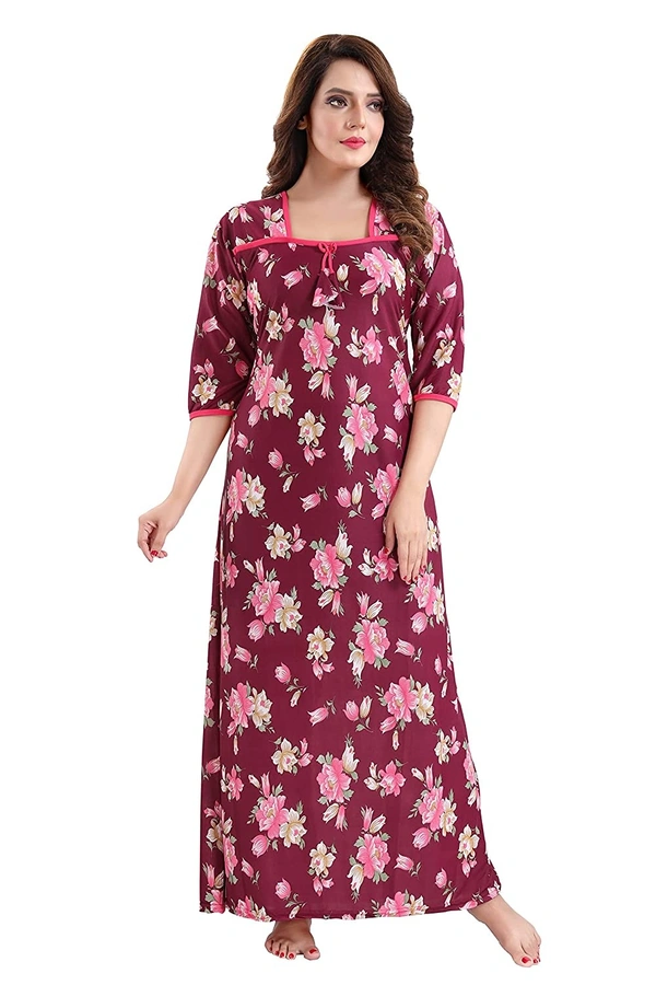 Sarina Square Neck Floral Girl's Print Soft And Silky Full Length Nighty I Nightdress I Nightwear - XL, Violet Red