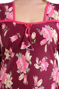 Sarina Square Neck Floral Girl's Print Soft And Silky Full Length Nighty I Nightdress I Nightwear - XL, Violet Red