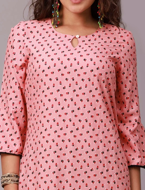 Liva Rayon Printed Knee Length A-Line Kurti For Women - L, Peach