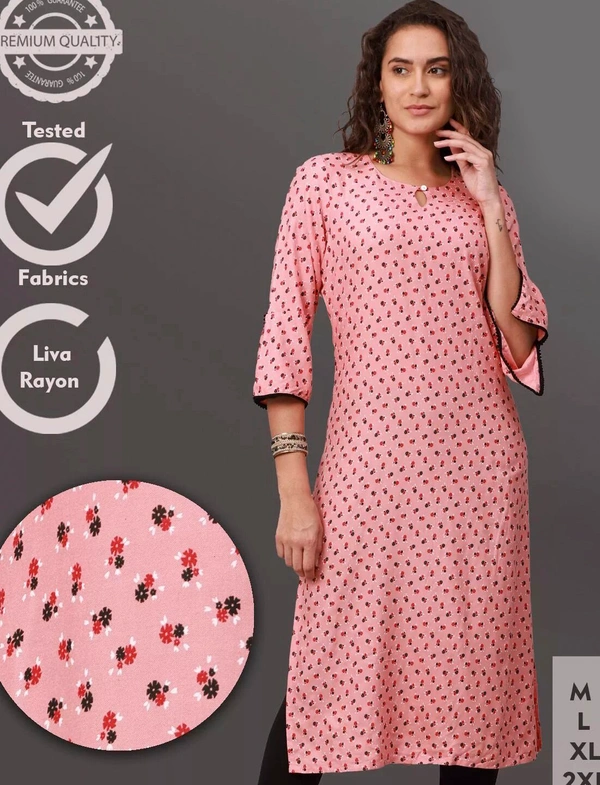 Liva Rayon Printed Knee Length A-Line Kurti For Women - XXL, Peach