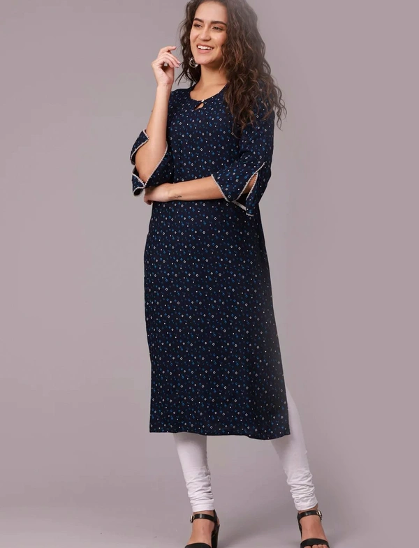 Liva Rayon Printed Knee Length A-Line Kurti For Women - Navy, L