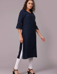 Liva Rayon Printed Knee Length A-Line Kurti For Women - Navy, L