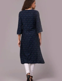 Liva Rayon Printed Knee Length A-Line Kurti For Women - Navy, XL