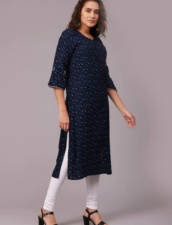 Liva Rayon Printed Knee Length A-Line Kurti For Women - XXL, Navy