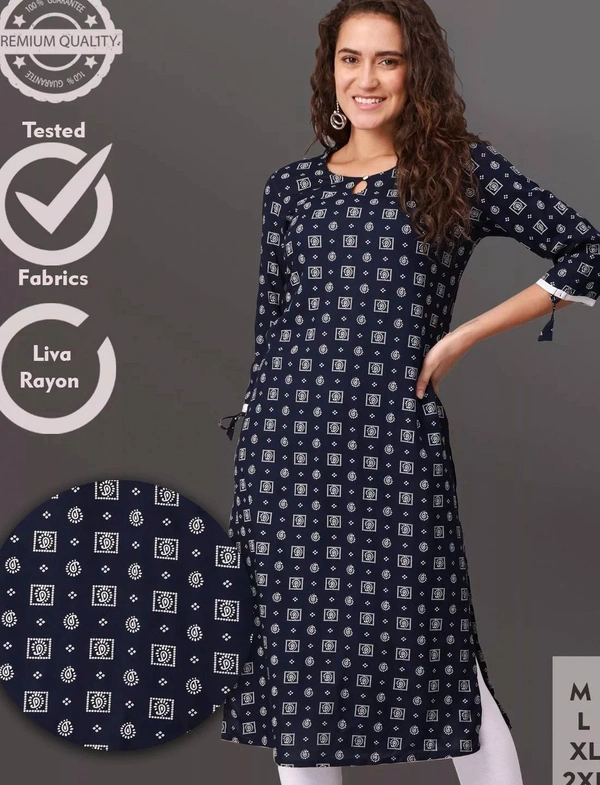 Liva Rayon Printed Knee Length Straight Kurti For Women - M, Navy